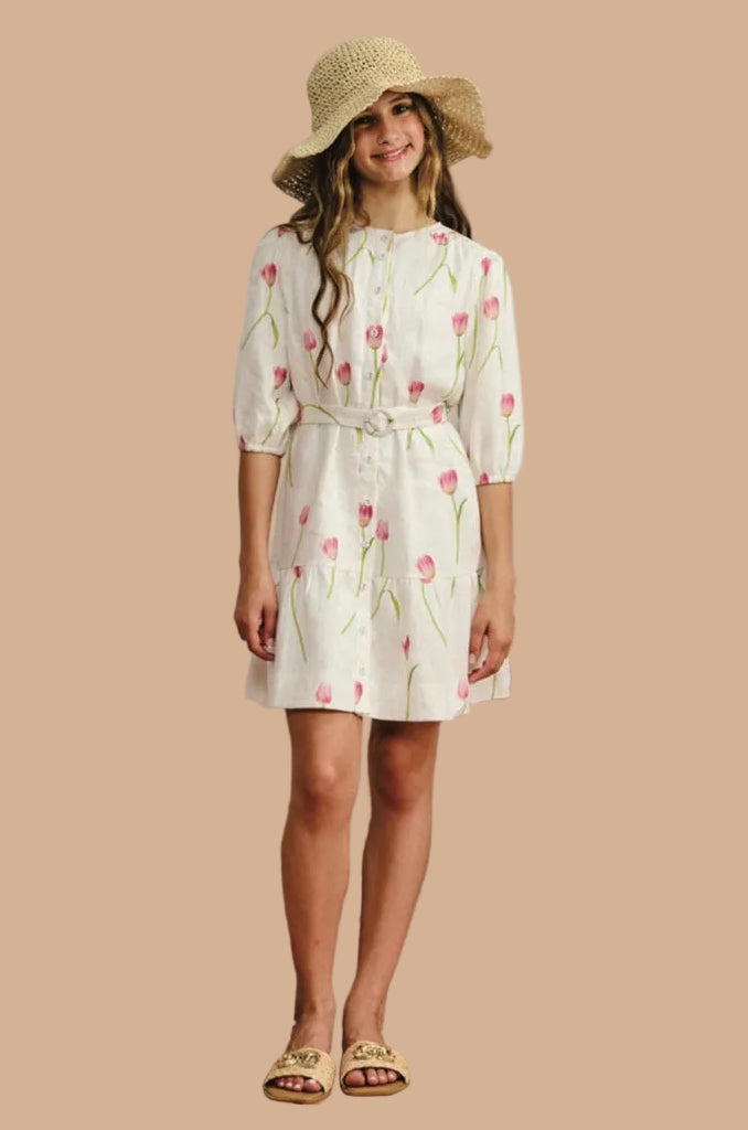 White linen with pink tulip design dress