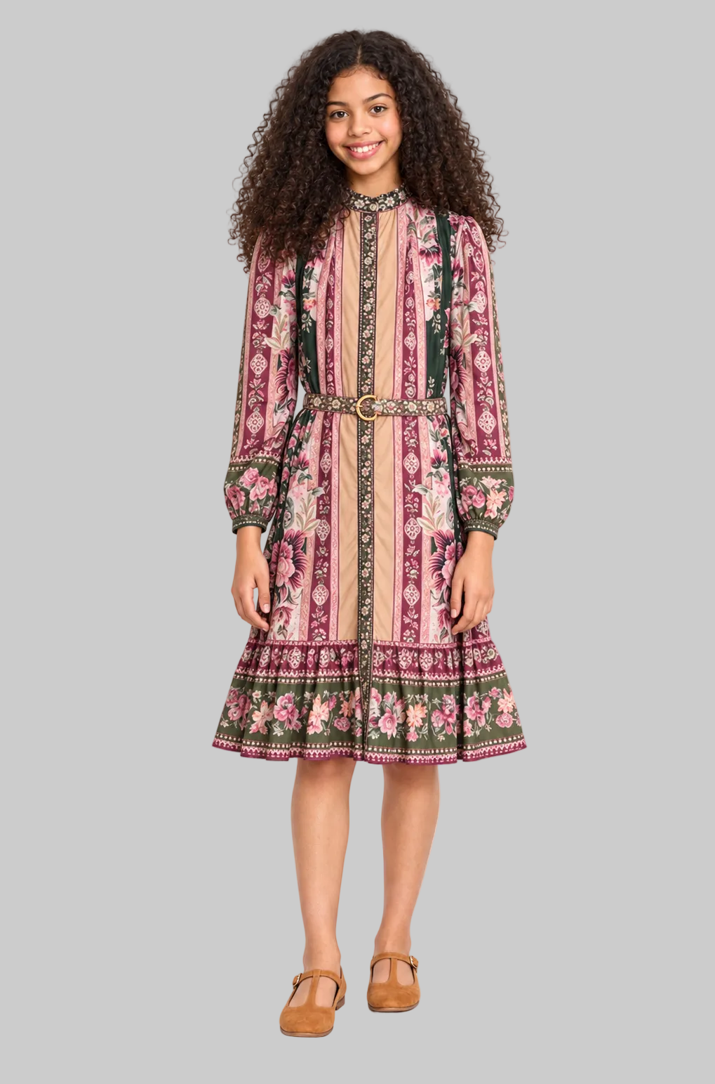 Camel Blush Green Florar Button Down Dress