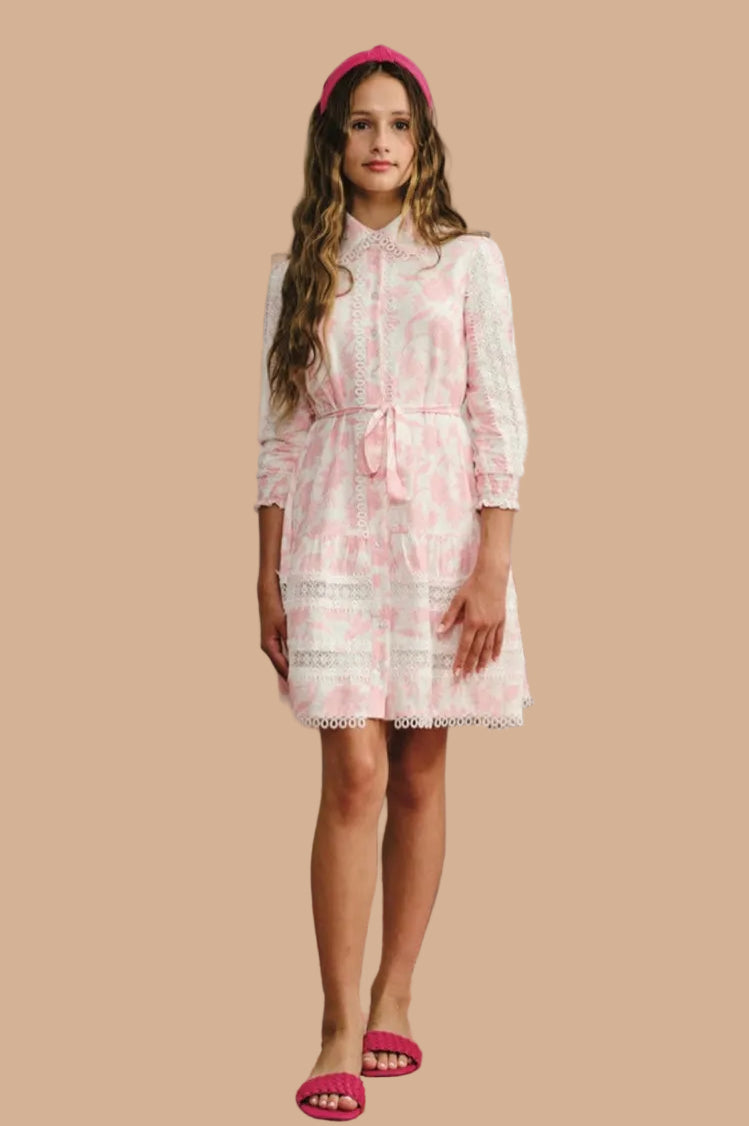 White with light pink floral and applique dress
