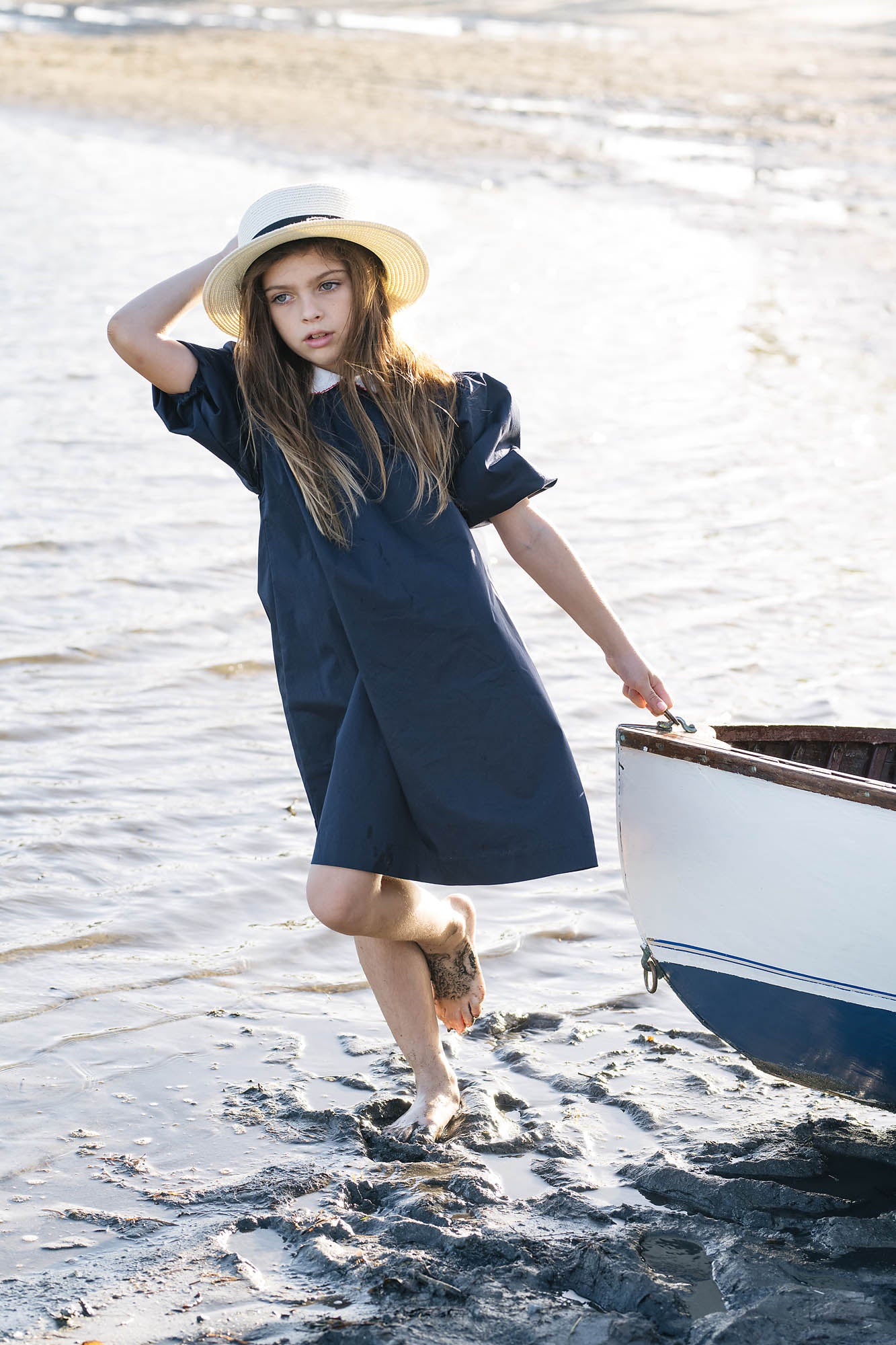PUFF SHORT SLEEVE NAVY DRESS