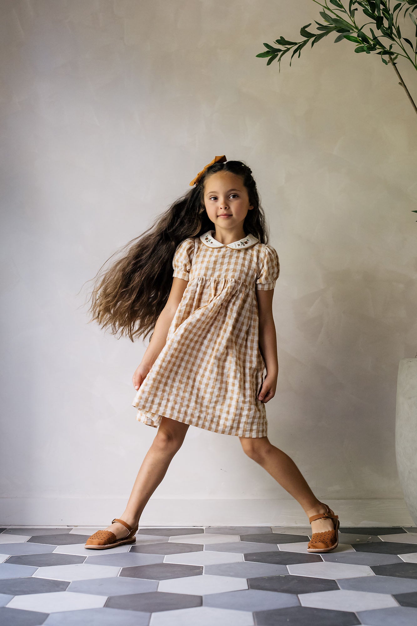 GINGHAM DRESS SHORT SLEEVE GOLDEN