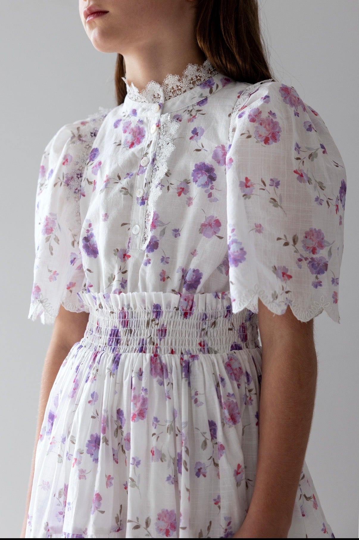 Lilac Floral Shirred Waist Dress