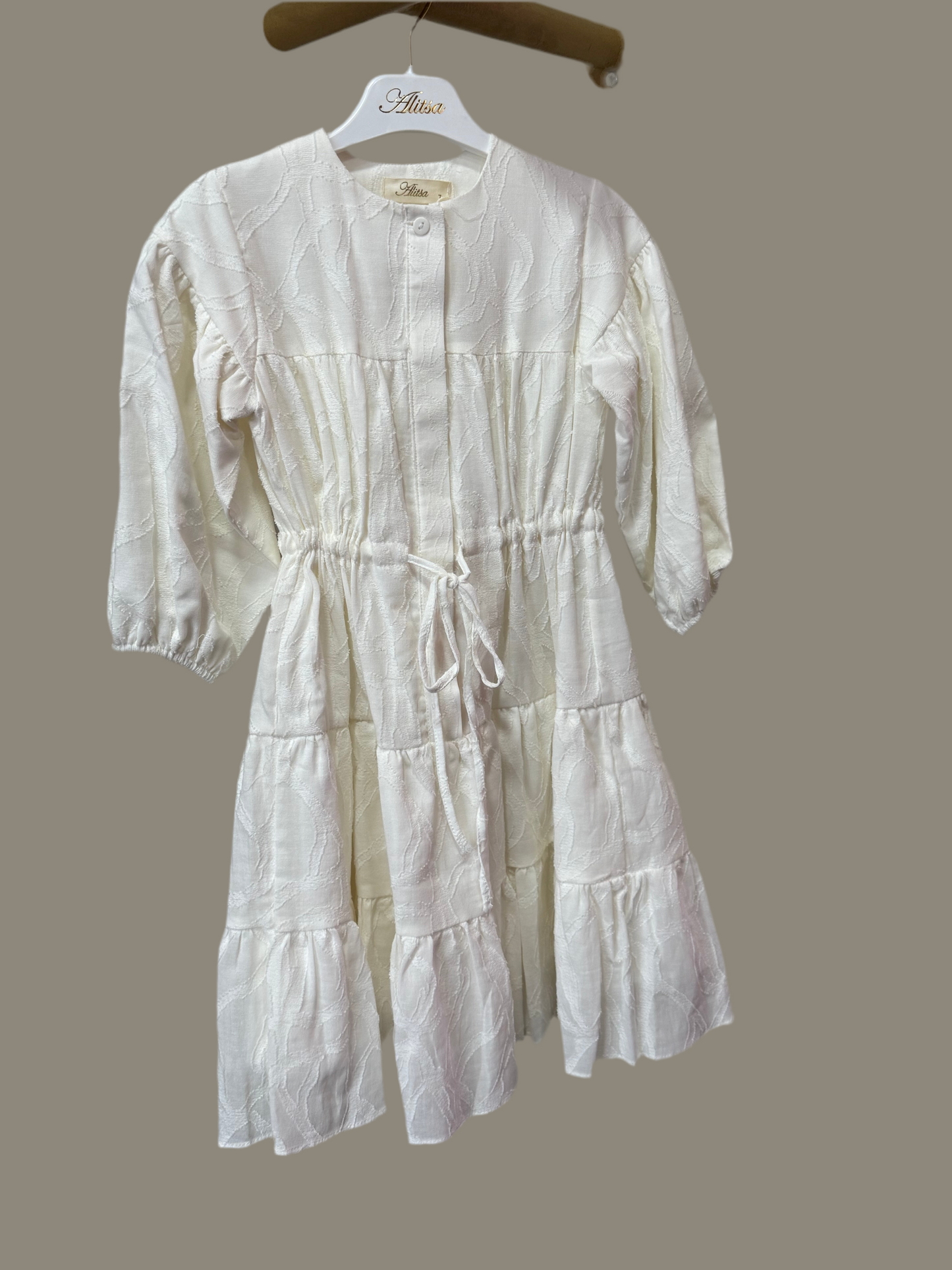 IVORY JAQUARD SHORT SLEEVE DRESS