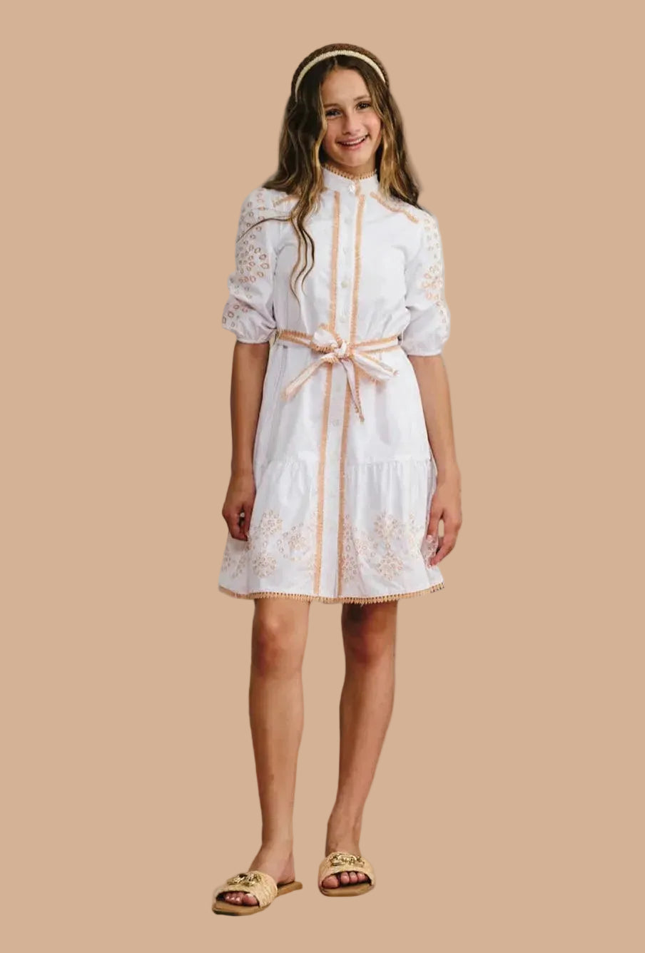 White Button Down with peach eyelet design dress