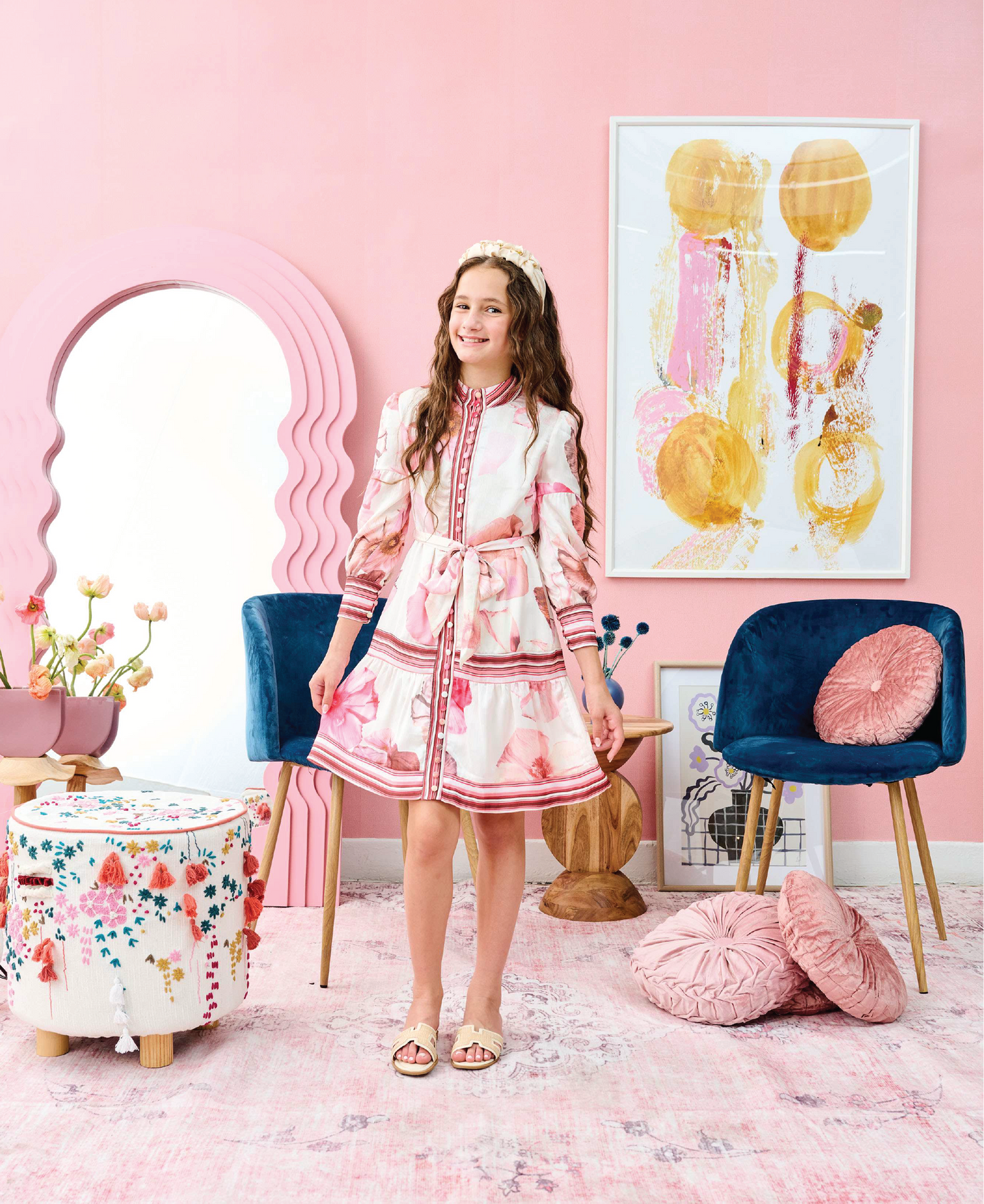 WHITE WITH LARGE PINK BROWN FLORAL DESIGN DRESS