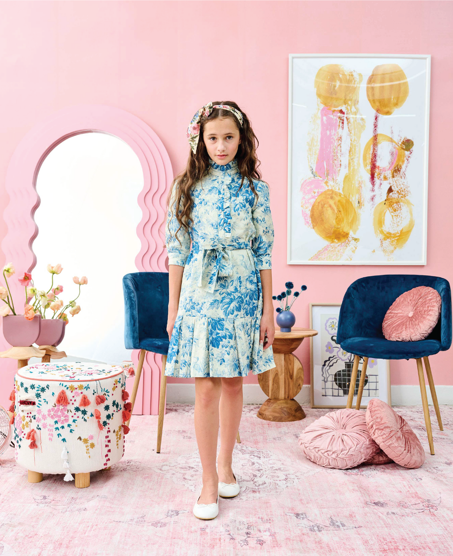 SAGE WITH BLUE FLORAL DESIGN TIE WAIST DRESS