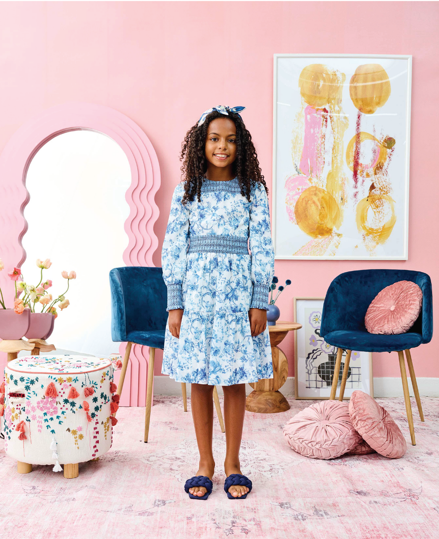 BLUE PRINT DRESS WITH SHIRED NECK
