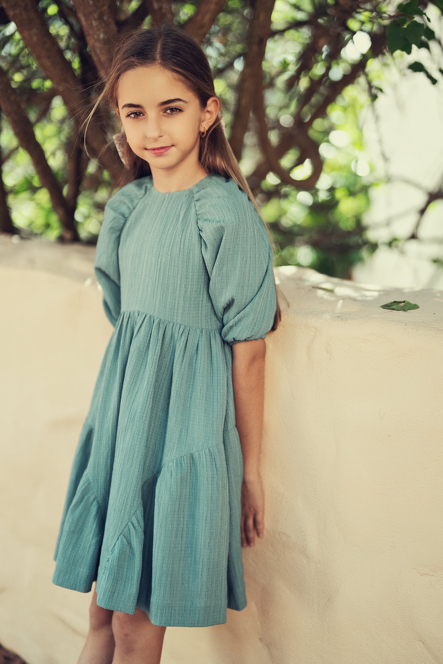 TEAL TEXTURED BOW DRESS