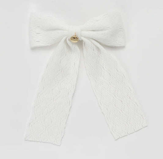 WHITE KNIT LACE BOW CLIP