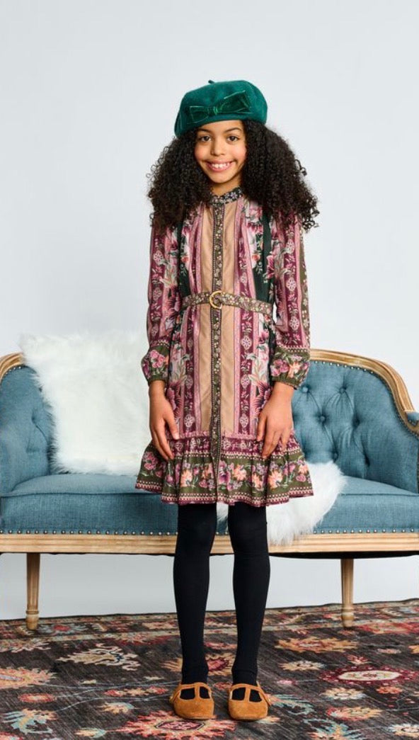 Camel Blush Green Florar Button Down Dress