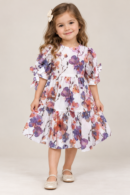 VIOLET PAINTED FLOWER SHORT SLEEVE DRESS