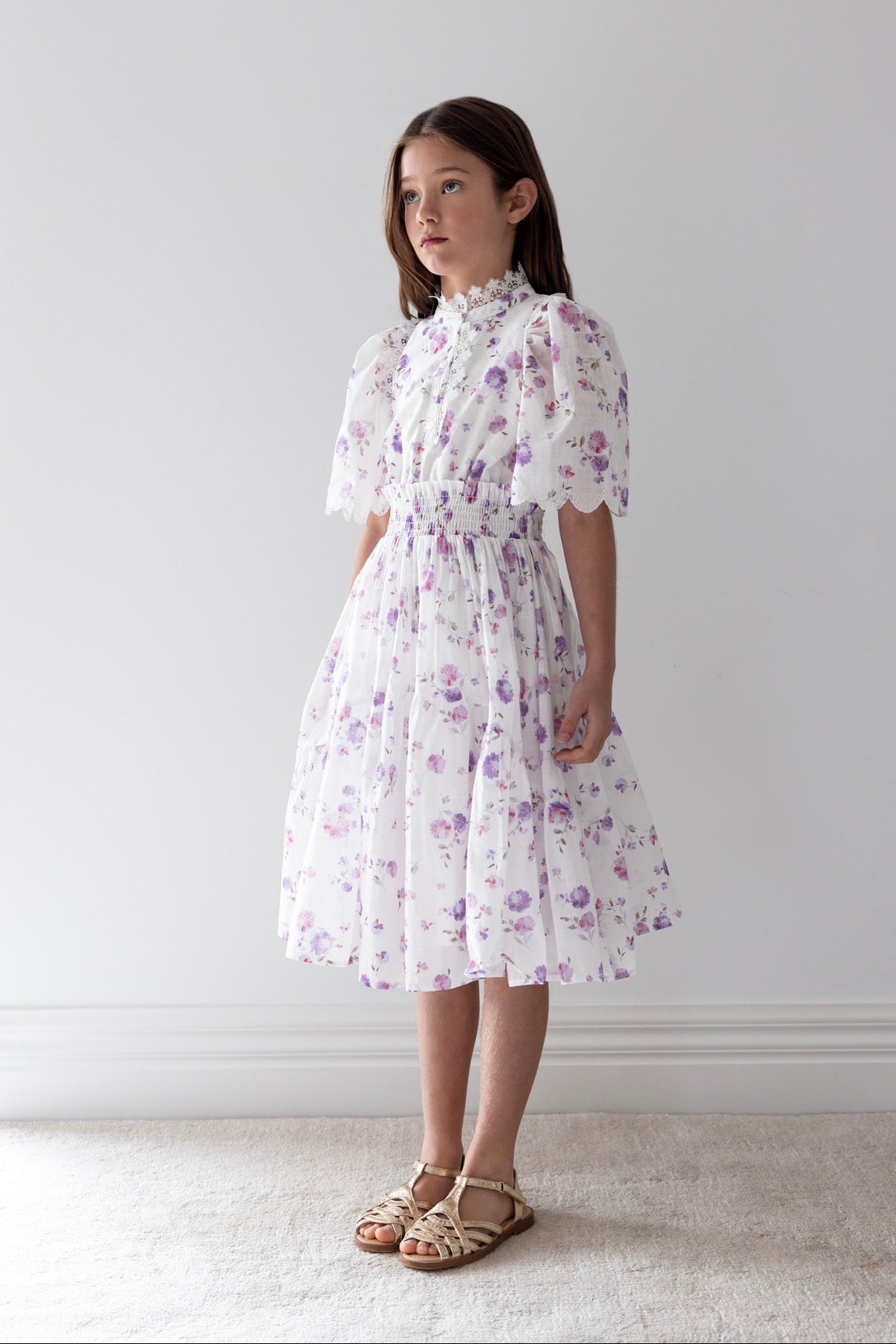 Lilac Floral Shirred Waist Dress