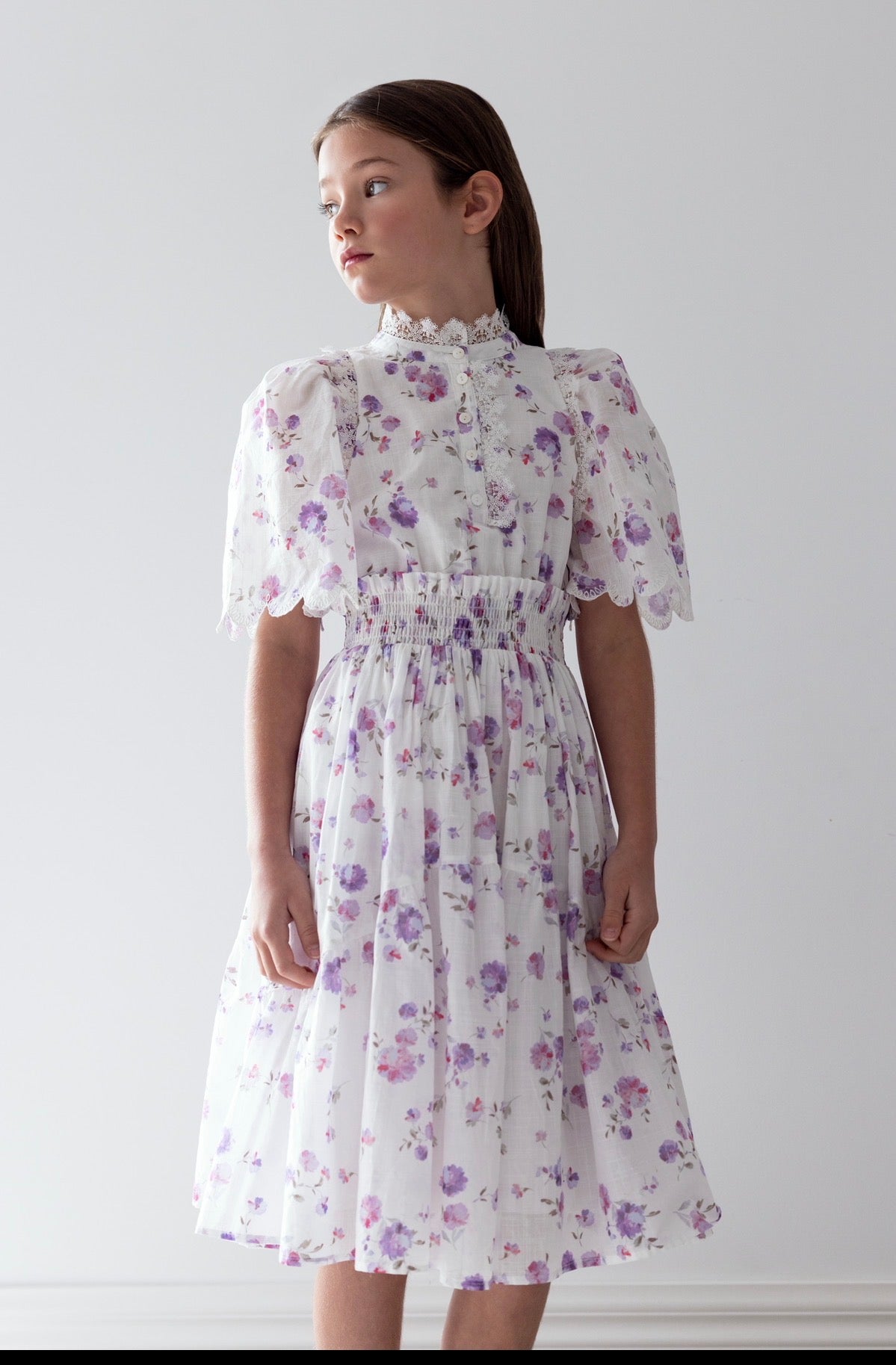 Lilac Floral Shirred Waist Dress