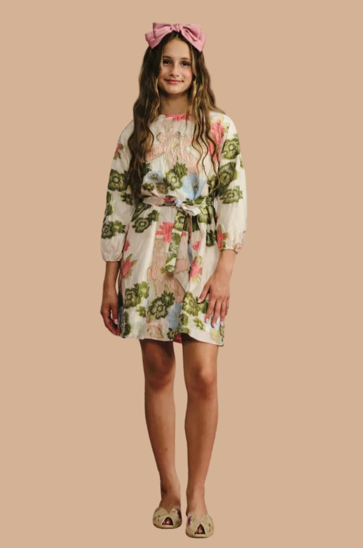 Ivory brocade with green pink floral design