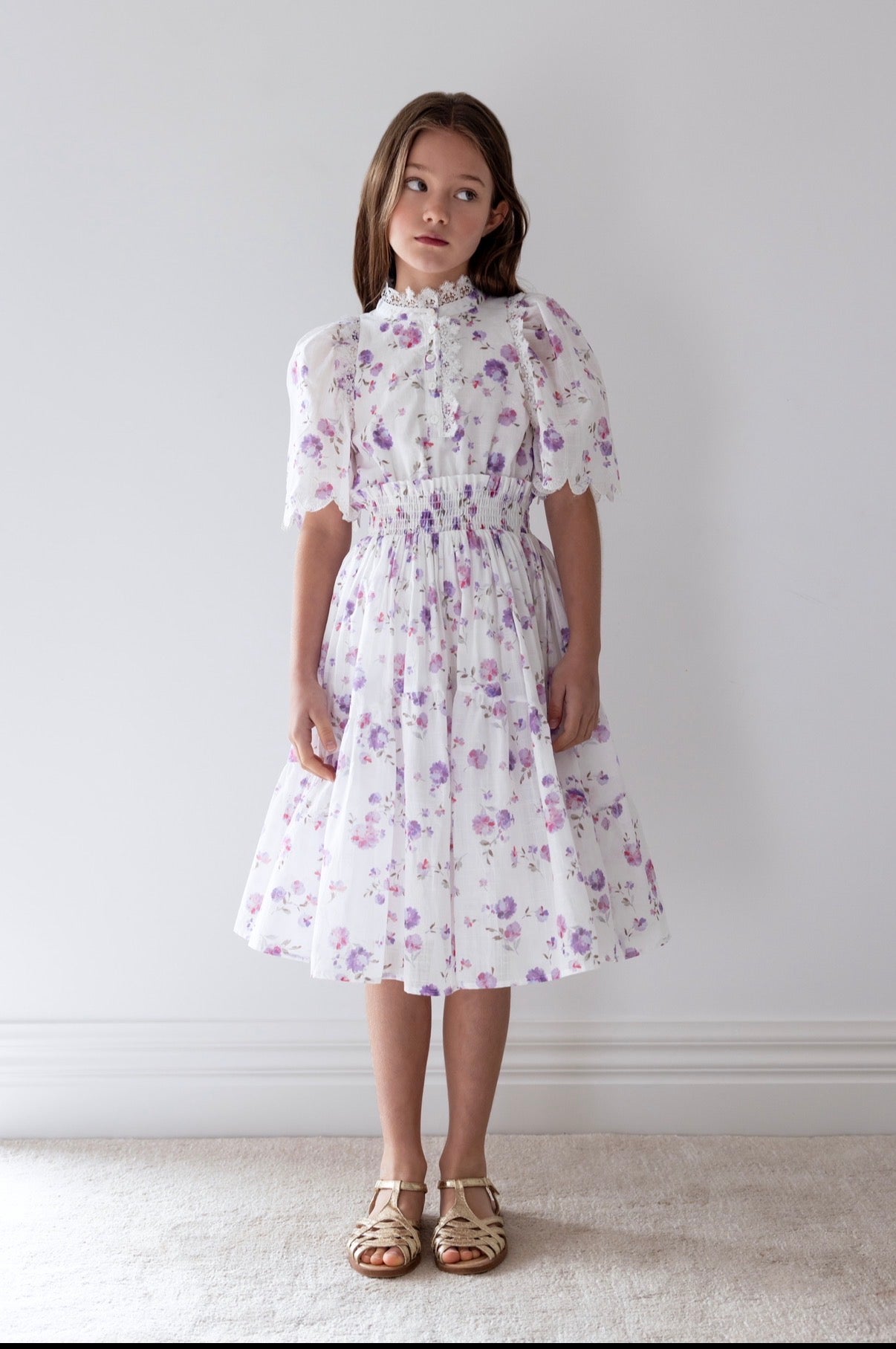 Lilac Floral Shirred Waist Dress