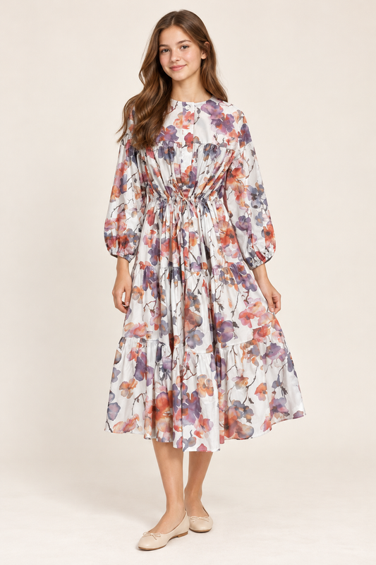VIOLET PAINTED FLOWER ELBOW SLEEVE DRESS