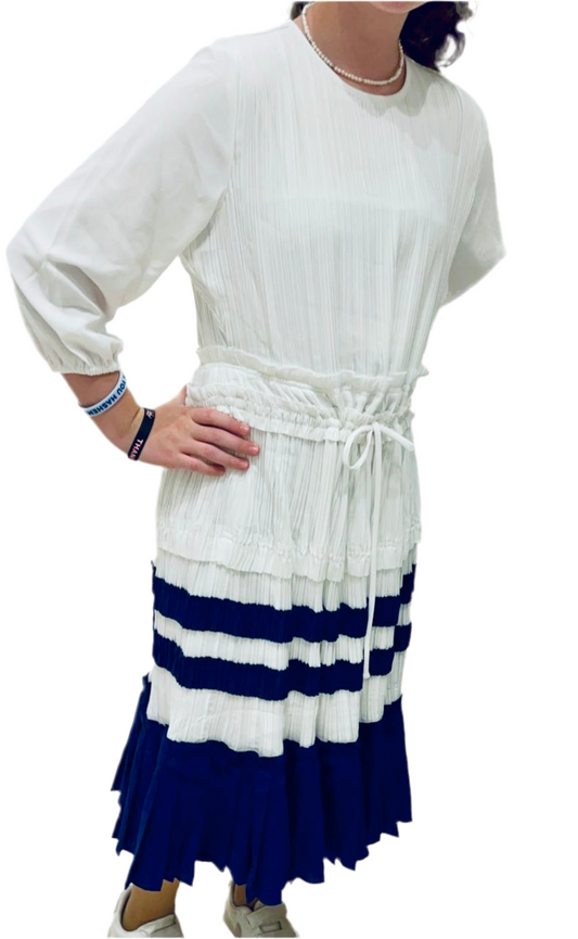 White and Navy Pleated Dress