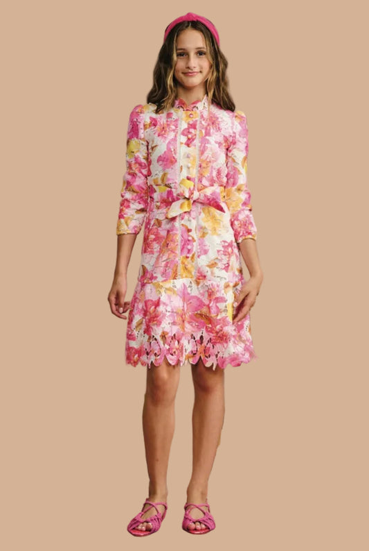 White pink yellow floral linen dress