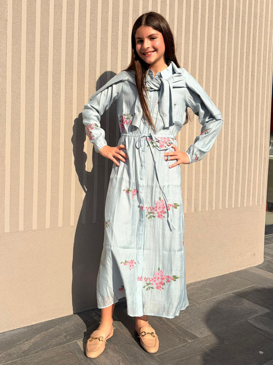 LIGHT BLUE FLORAL DRESS WITH CARDIGAN