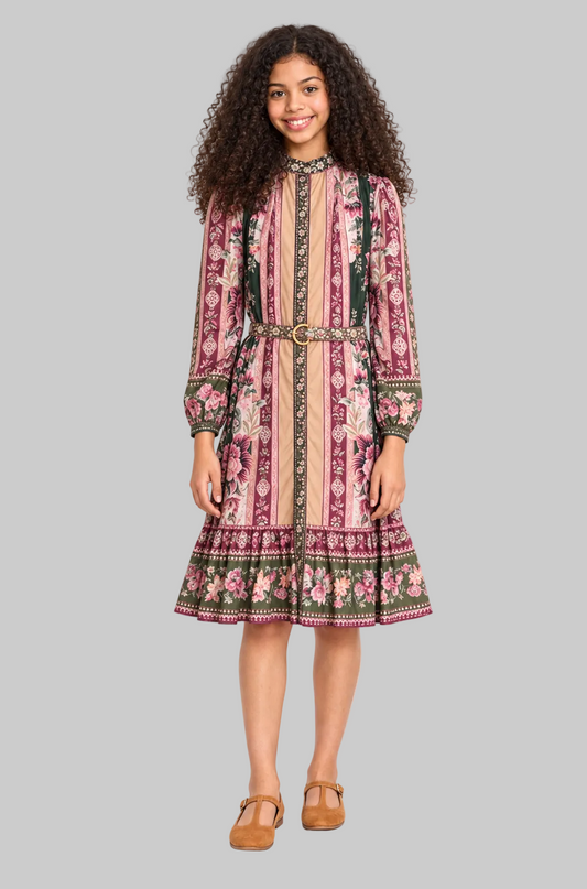 Camel Blush Green Florar Button Down Dress