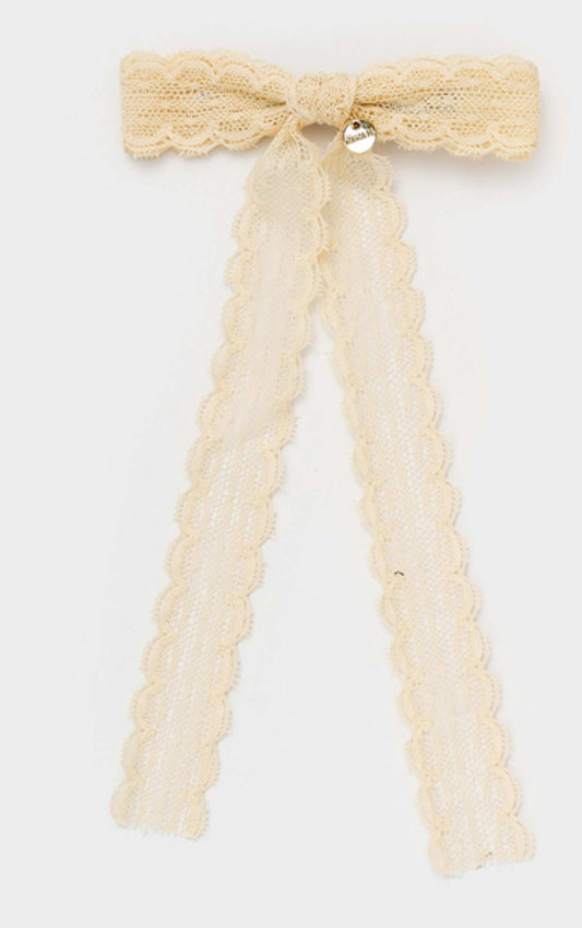 Long lace bow clip beige