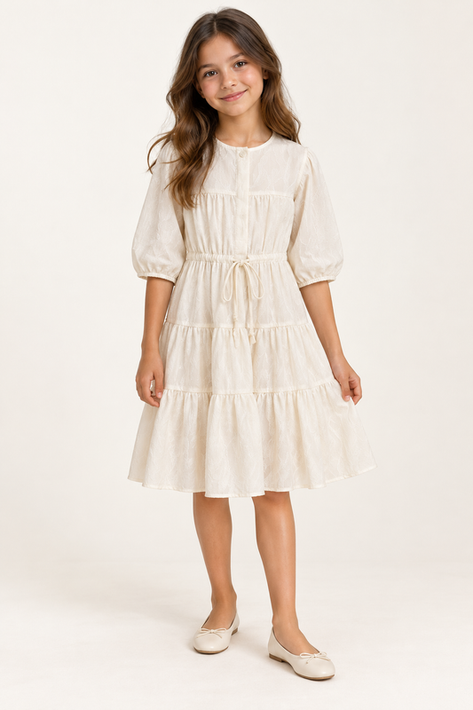 IVORY JAQUARD  ELBOW SLEEVE DRESS