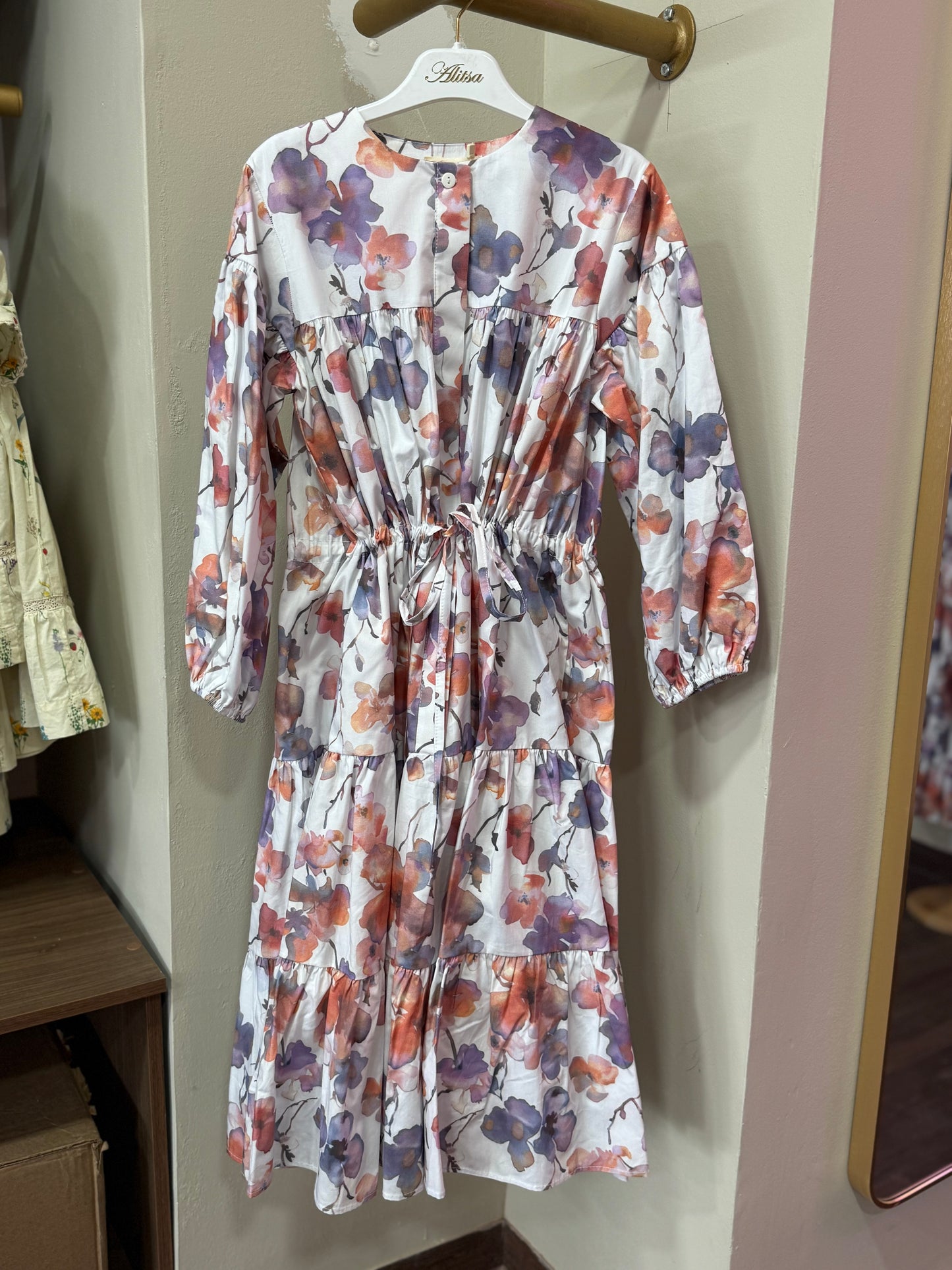 VIOLET PAINTED FLOWER ELBOW SLEEVE DRESS