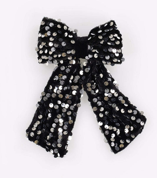 VELVET SEQUINS BOW CLIP GREY