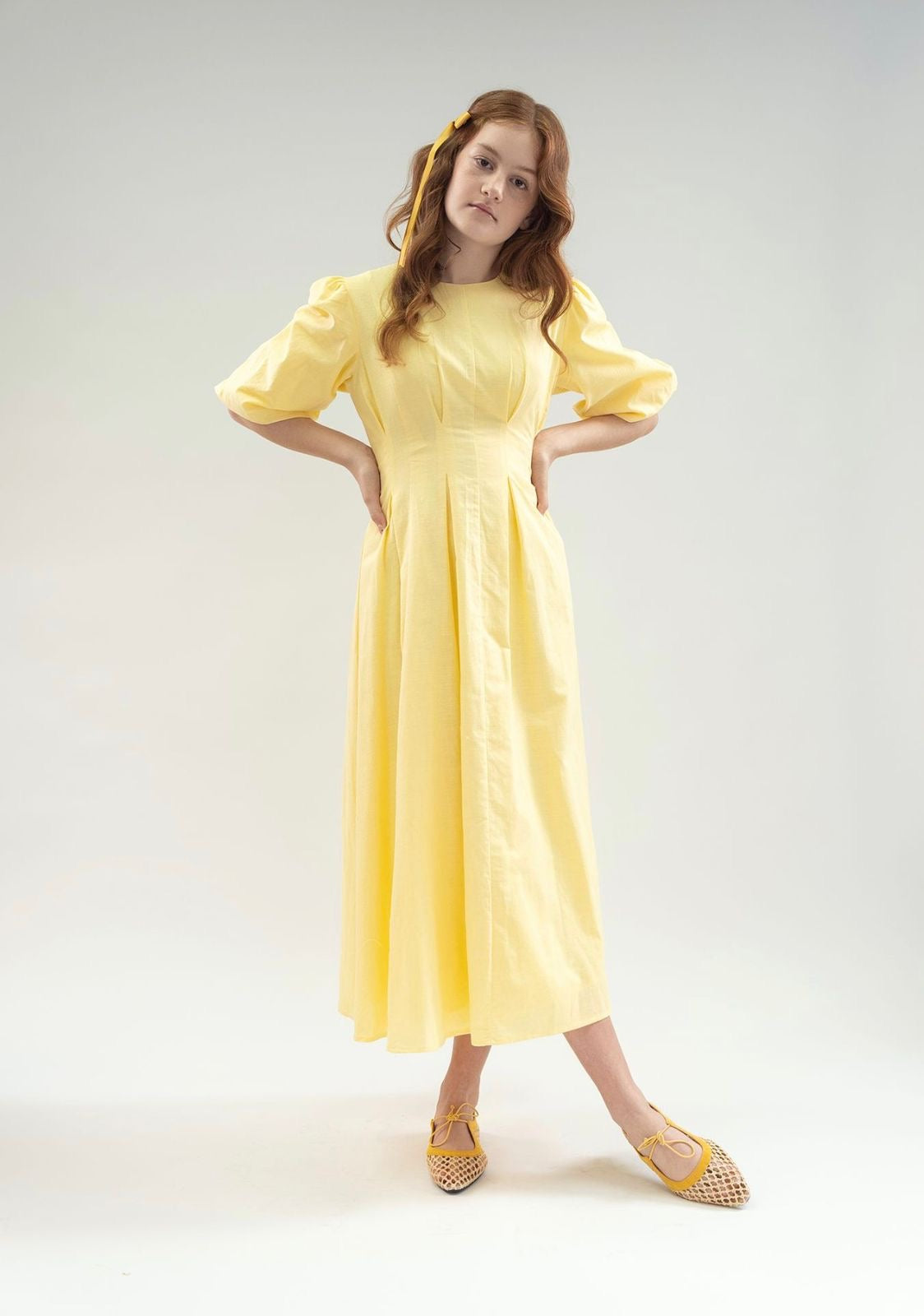 Butter yellow pleated linen dress