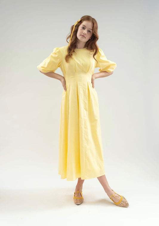 Butter yellow pleated linen dress