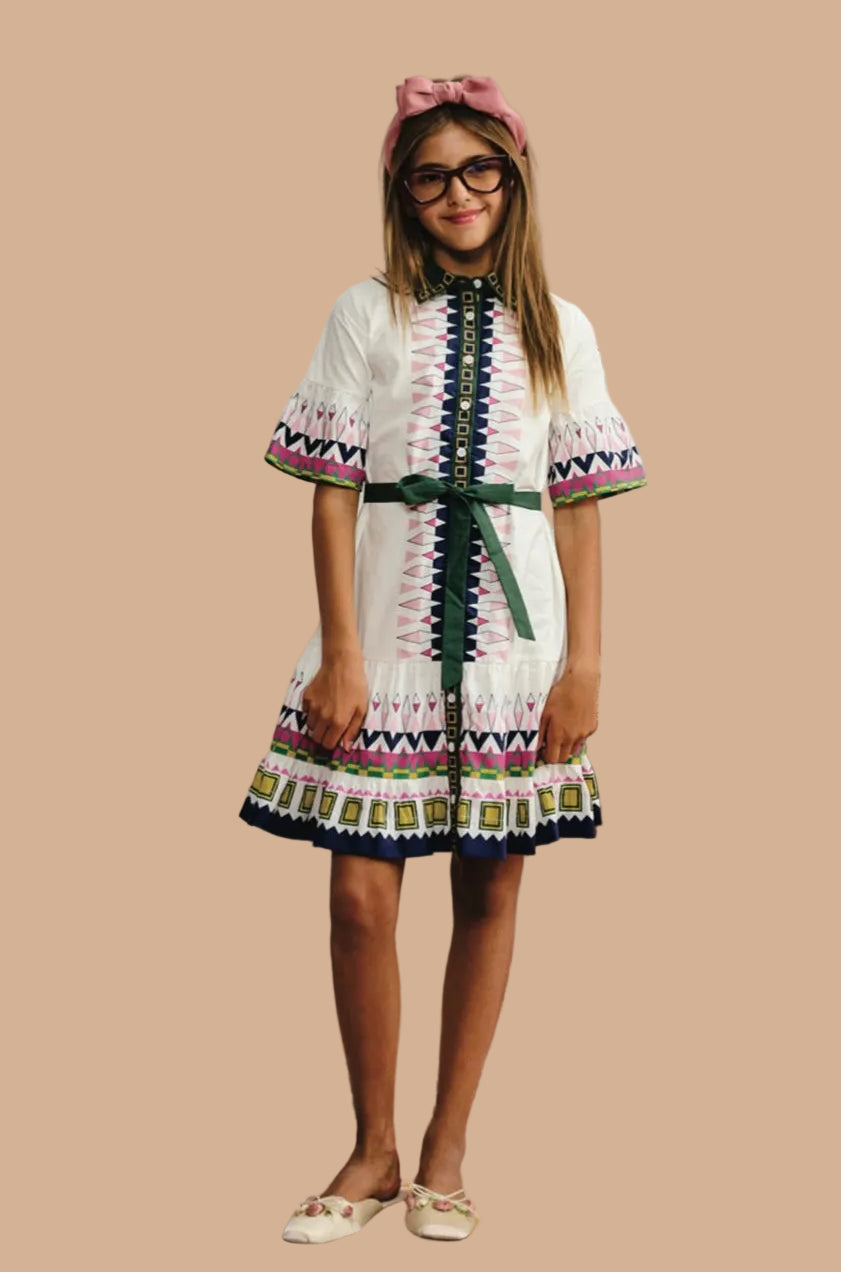 White with box arrow print button down dress