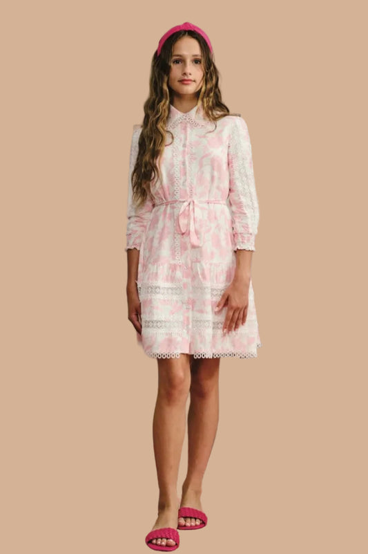 White with light pink floral and applique dress
