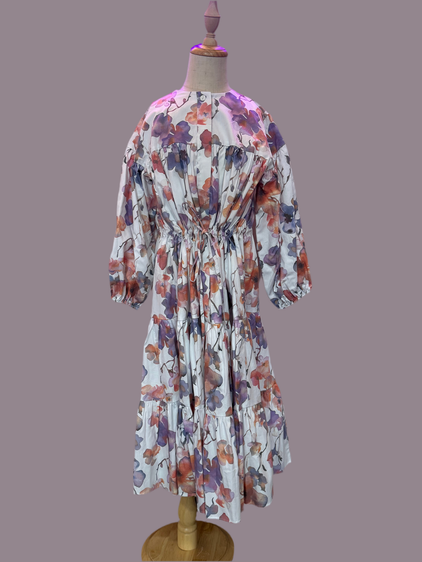 VIOLET PAINTED FLOWER ELBOW SLEEVE DRESS