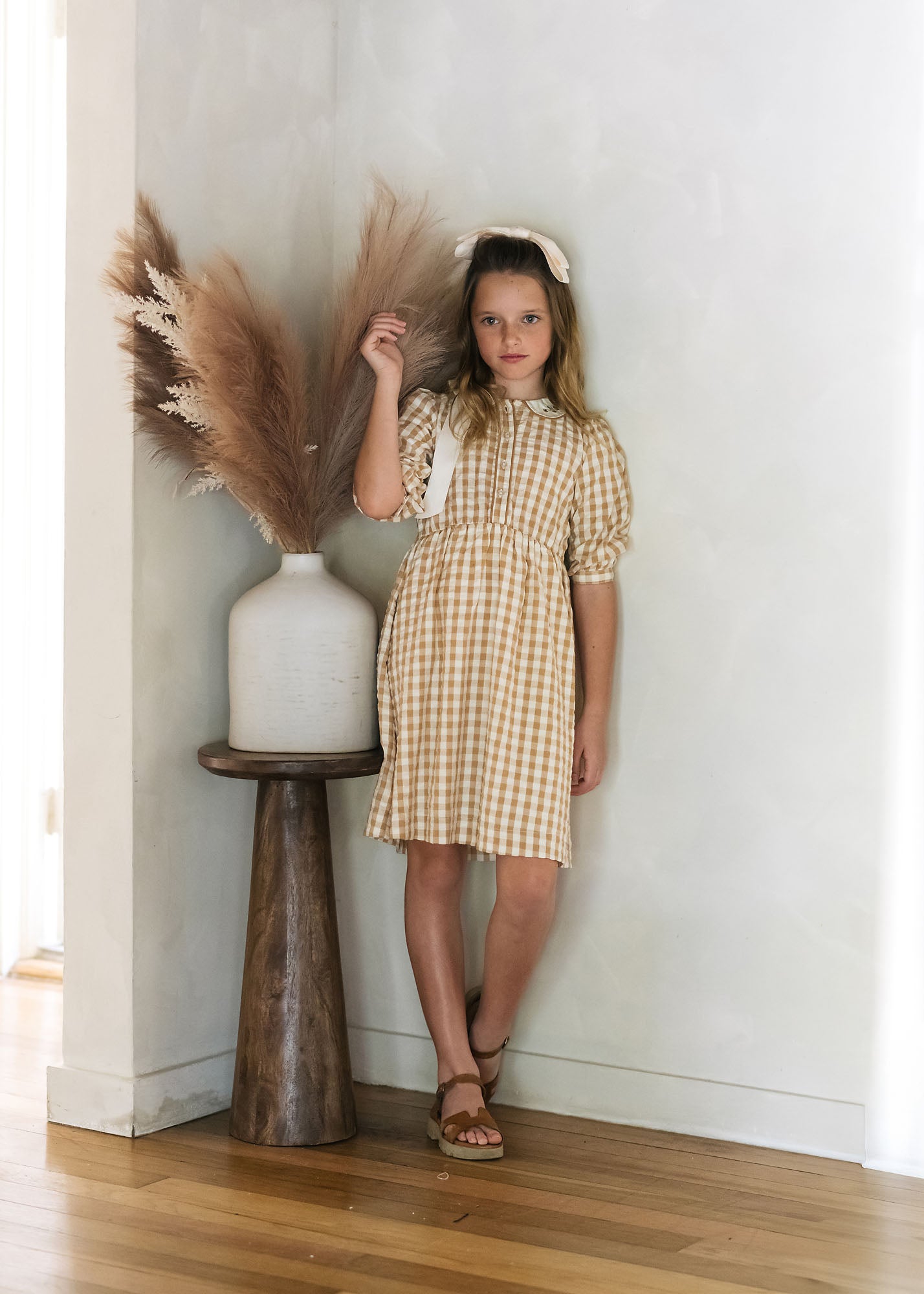 GINGHAM DRESS 3/4 SLEEVE GOLDEN