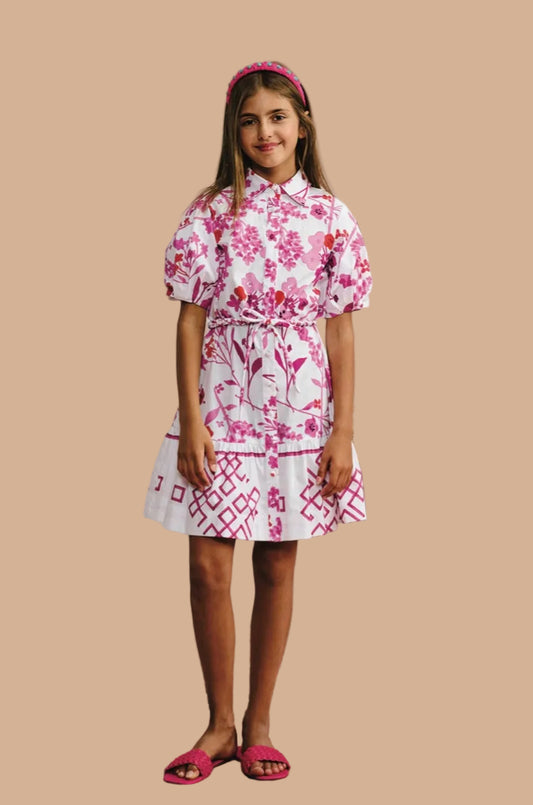 White cotton with magenta print button down dress