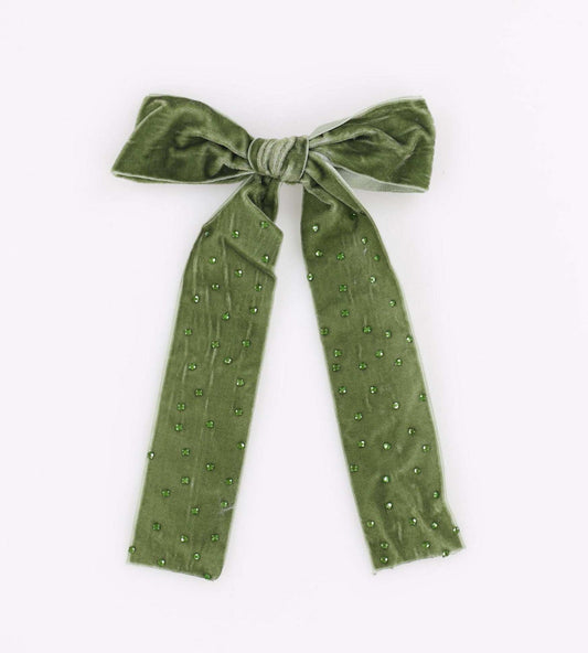 VELVET ZIRCON BOW CLIP GREEN