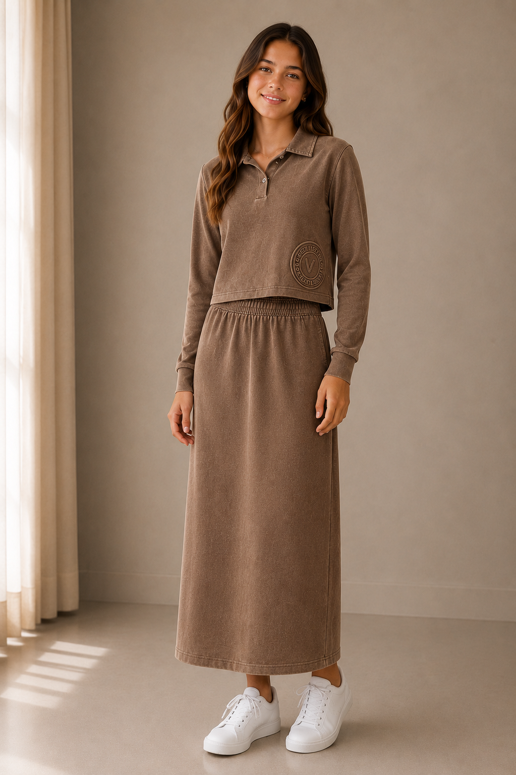 Tan Volleyball Cropped Polo and Midi skirt set