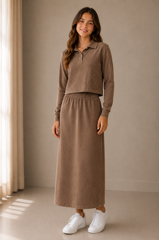 Tan Volleyball Cropped Polo and Midi skirt set